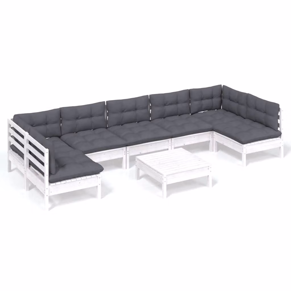 Set Divani da Giardino 8 pz con Cuscini Bianchi Legno di Pino