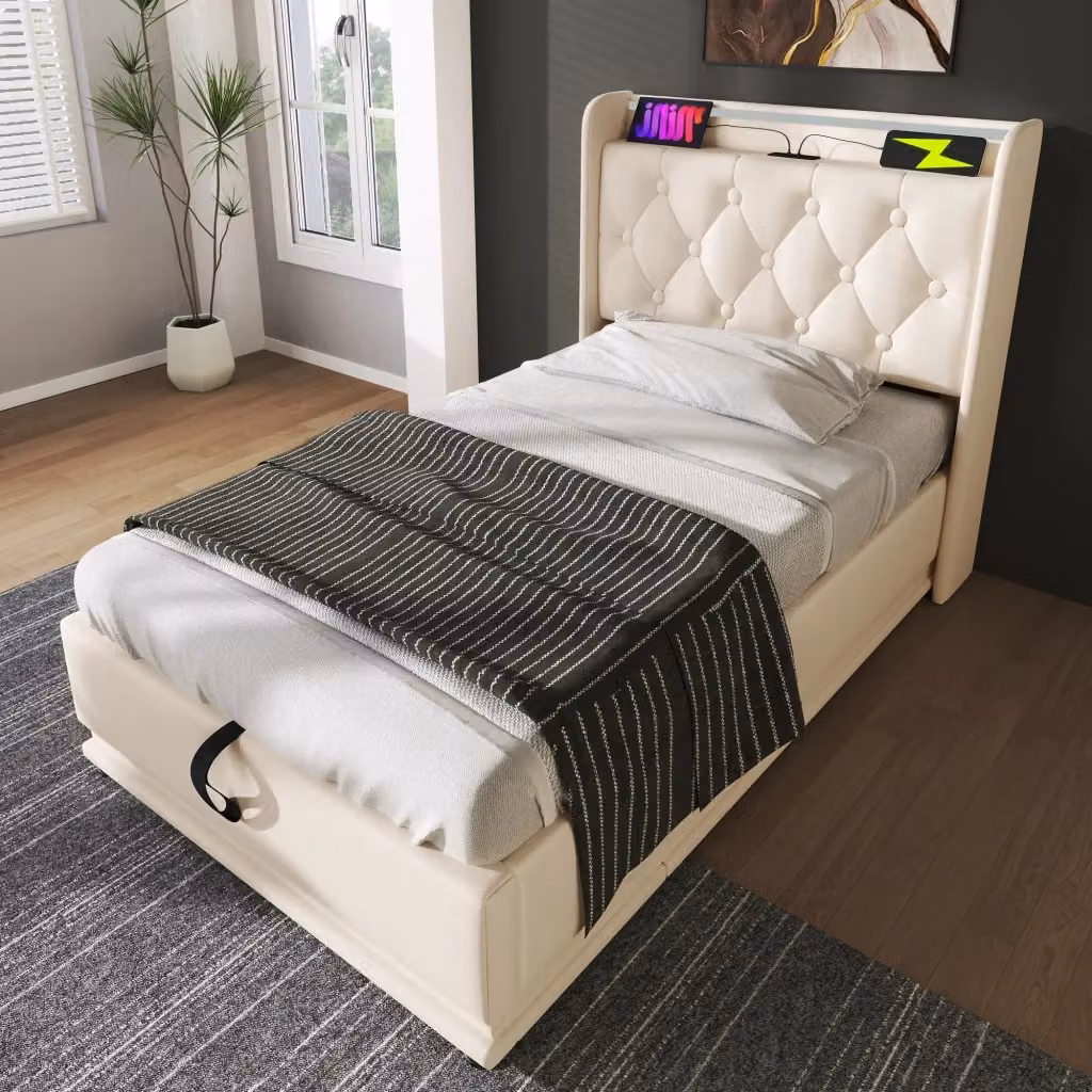 Letto contenitore Mivray con illuminazione LED, testiera imbottita in similpelle bianca, porte USB e Type-C, L/P/H: 90 x 200 x 113 cm – 2