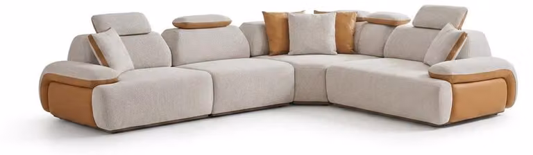 Divano angolare color grigio chiaro, design moderno, ideale per il soggiorno, forma a "L"