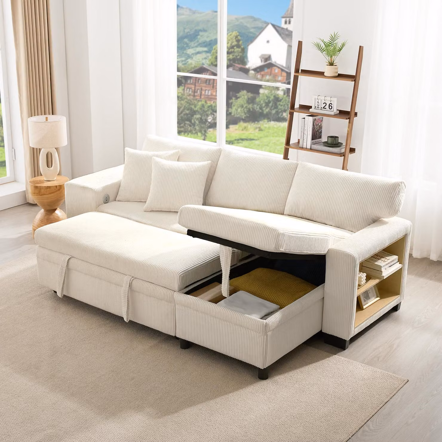Divano pieghevole STILVORA con funzione sleep, divano angolare a L con porta di ricarica USB e cuscini, divano convertibile a 3 posti con ripiani laterali e spazio di archiviazione, Beige