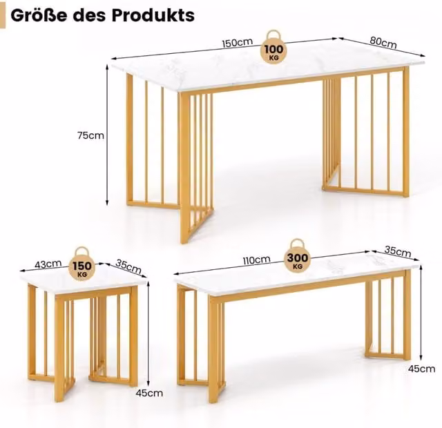 Set da Pranzo 4 Pezzi Tavolo Effetto Marmo Bianco con Panca e 2 Sgabelli Gambe in Metallo Oro Design Moderno Salvaspazio per Casa