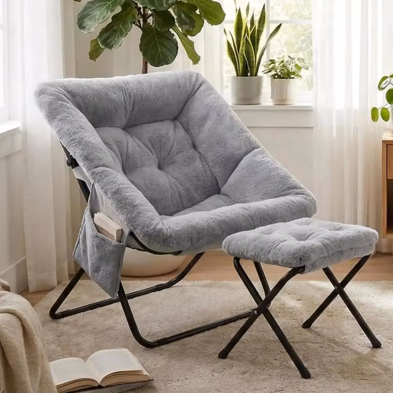 Poltrona reclinabile con poggiapiedi – Poltrona pieghevole – Imbottita – Tasca laterale – Struttura in metallo – 72 x 76 x 78 cm – Grigia