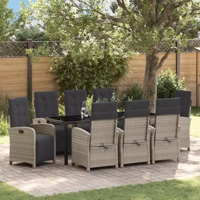 Set da pranzo per giardino e terrazzo vidaXL in polyrattan e vetro, 9 pezzi, Grigio – 1