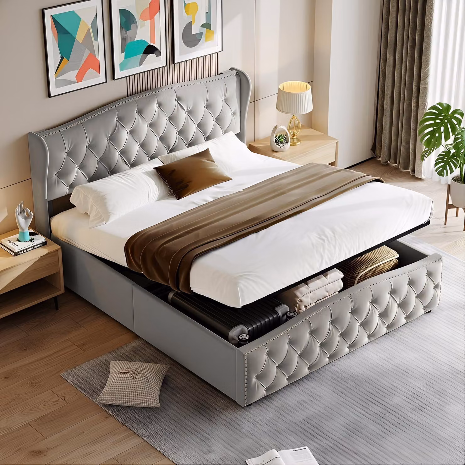 Letto imbottito INONEFT 140x200 cm con sistema di sollevamento idraulico e spazio contenitore, struttura per letto a molle con cassettone, letto matrimoniale per ragazzi con rete a doghe, tessuto velluto grigio
