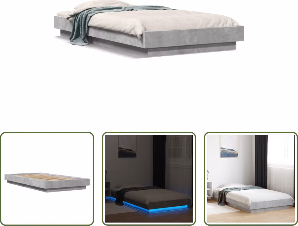 The Living Store Struttura letto con LED in cemento grigio 100x200 cm Materiale a base di legno