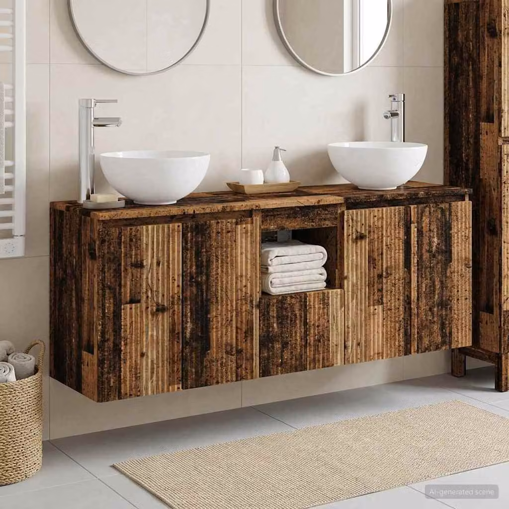 Set di mobili da bagno moderni vidaXL in legno e metallo marrone, 3 pezzi, L/P/H: 129 x 35 x 80 cm