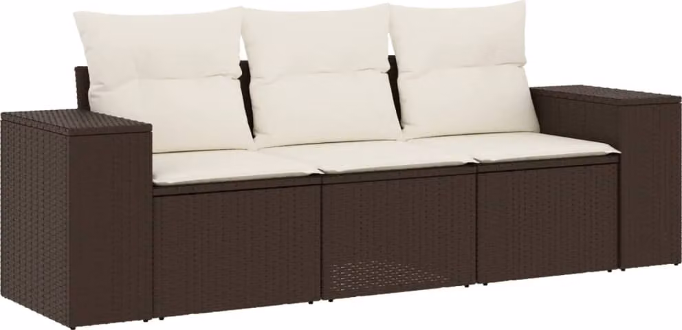 Set Divano da Giardino 3 pz con Cuscini Marrone in Polyrattan