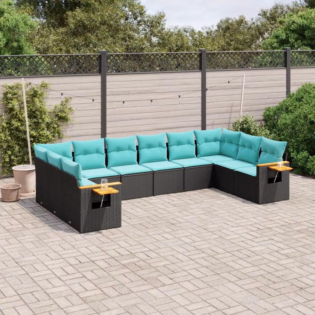 vidaXL Set Divani da Giardino 10 pz in Polyrattan Nero con Cuscini Blu e Tavolino da Esterno – 1