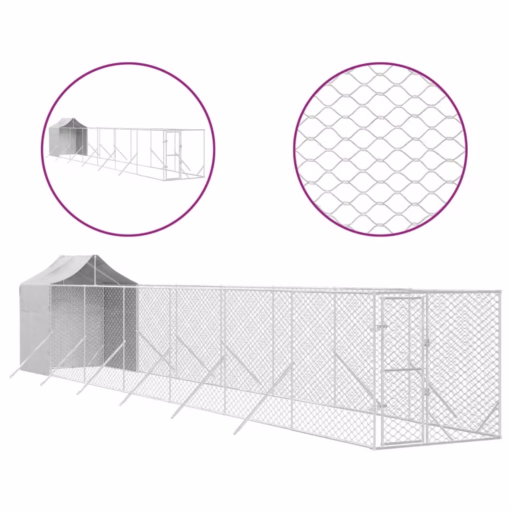 Cuccia Cani da Esterno Tetto Argento 2x14x2,5 m Acciaio Zincato