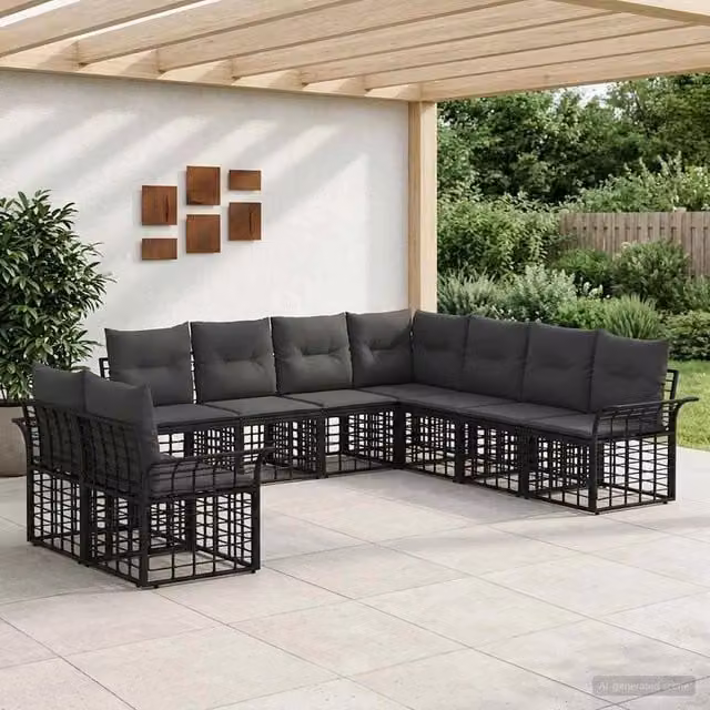 Set di divani da esterno 9 pz Nero e Grigio scuro Poliestere 3437715