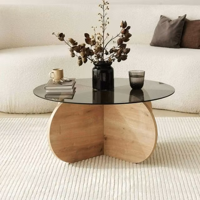 Tavolino da salotto moderno Nila DMORA con piano in vetro trasparente e struttura in rovere marrone, L: 75 cm, P: 75 cm, H: 35 cm