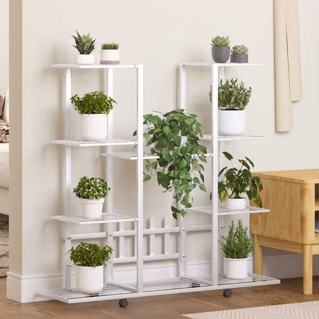 vidaXL Portafiori Moderno in Metallo Bianco con Ruote L: 94,5 cm, P: 24,5 cm, H: 91,5 cm