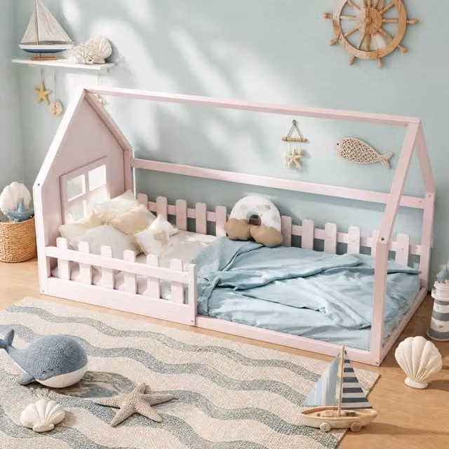 Letto per bambini 90x200cm in pino e MDF, design a casetta rosa