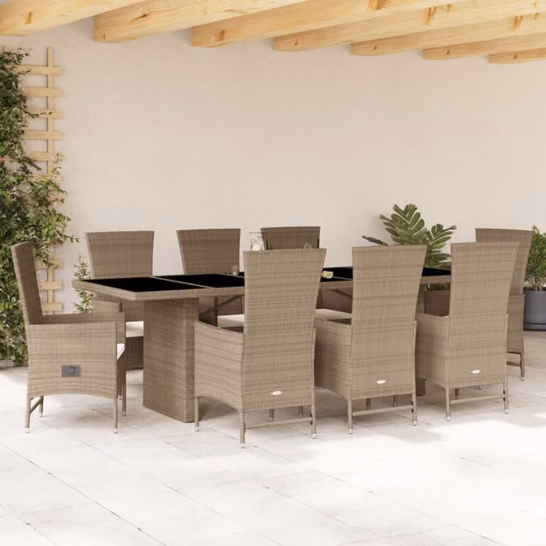 Set da pranzo da giardino vidaXL in polyrattan da 9 pezzi con cuscini beige e piano in vetro