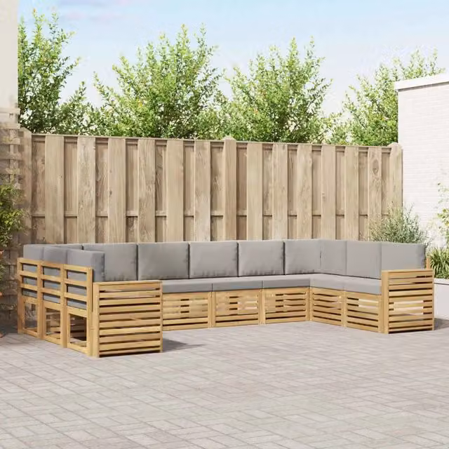 Set di divani da esterno a L vidaXL in legno di acacia con cuscini, Bianco e Grigio
