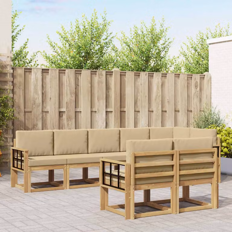 vidaXL Set di divani da esterno a L composto da 8 pezzi in legno di acacia con cuscini, Bianco, Beige e Marrone