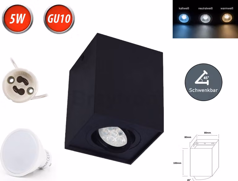 Plafoniera GAMA-SS Faretto a superficie Lampada Apparecchio a superficie 80x80mm Faretto orientabile 45° Angolare Nero in alluminio con attacco GU10 Lampadina 5W Bianco freddo