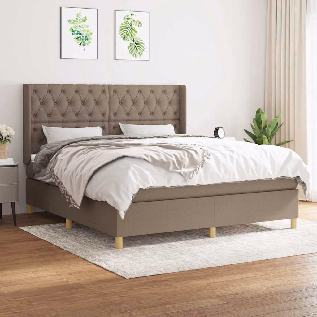 vidaXL Giroletto a Molle con Materasso in Tessuto Beige e Bianco L/P/H: 160 x 200 x 128 cm – 1