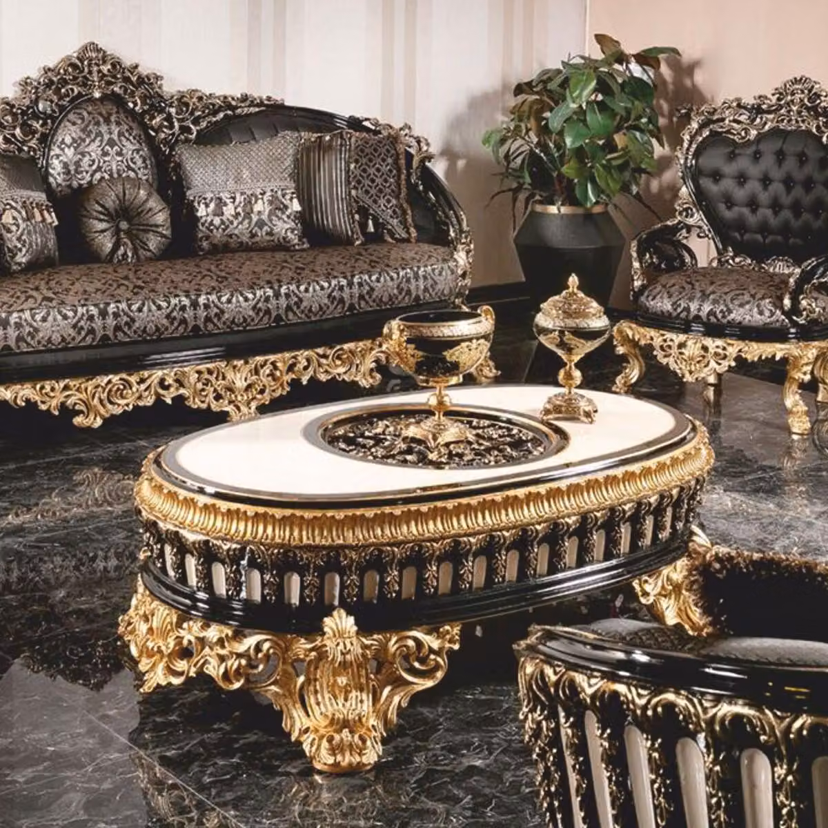 Tavolino da salotto in stile barocco "Casa Padrino", lusso, nero/bianco/oro, 145 cm - Tavolino ovale in stile barocco - Arredamento da soggiorno in stile barocco