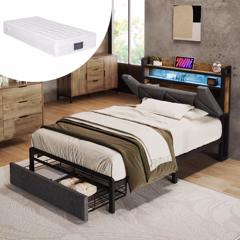 Letto imbottito 90x200 cm con materasso H3, testiera con spazio contenitore, porte USB e di tipo C, illuminazione LED, cassetto e rete a doghe in metallo, colore grigio