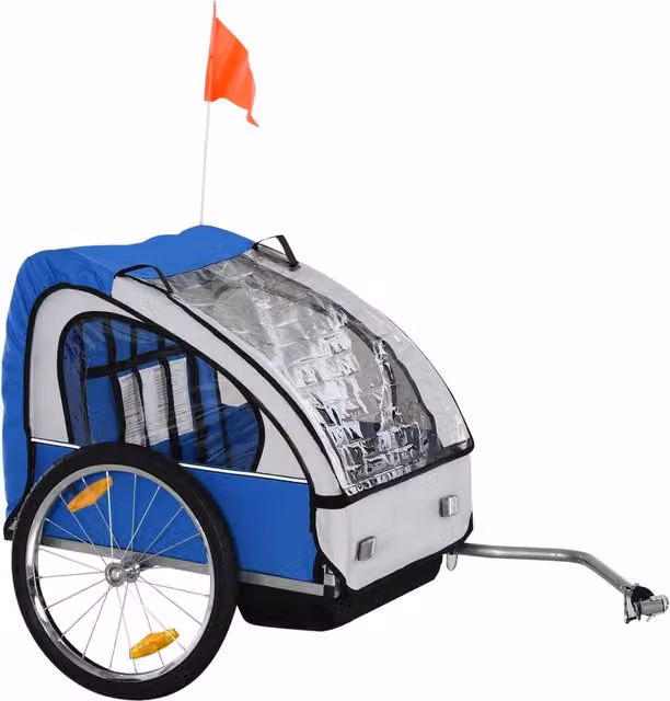 EasyComfort Rimorchio Bici per Bambini con 2 Posti, Telaio in Acciaio e Copertura in Tessuto Oxford, Blu e Bianco – 1