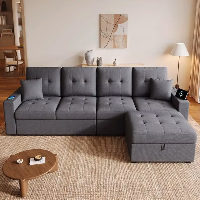 Divano angolare REDOM a 4 posti in lino grigio con pouf posizionabile e ricarica USB