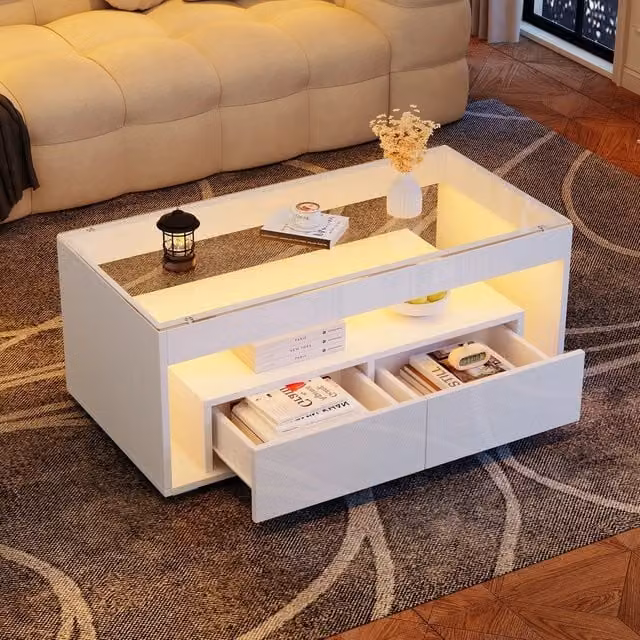 Tavolino da caffè MINIMAL con LED e cassetti in vetro bianco lucido L/P/H: 100 x 50 x 40 cm