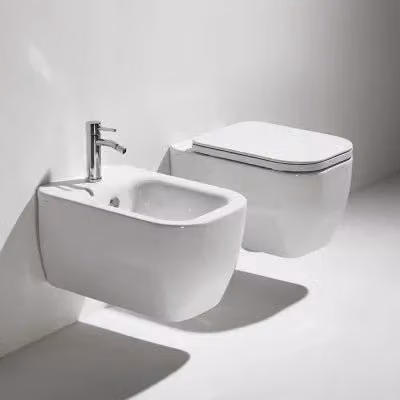 Sanitari sospesi rimless Simas Henges in ceramica bianca con sedile soft close L/P/H: 55 x 38 x 42 cm