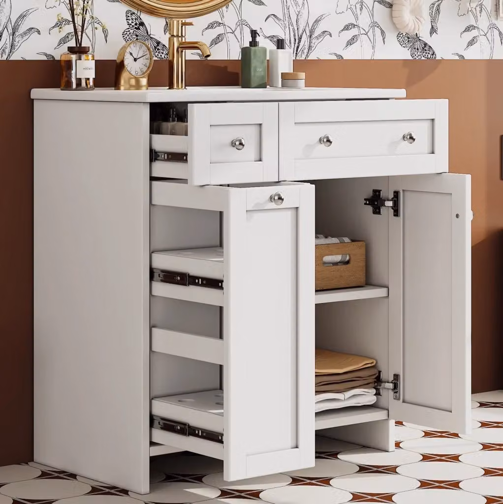 Mobile lavabo da bagno indipendente bianco in MDF laccato con lavabo in ceramica e ante con cassetti soft-close L: 86 cm, P: 47 cm, H: 76 cm – 2