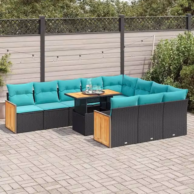 Set di Divani da Giardino a L vidaXL in Polyrattan e Legno di Acacia con Cuscini, Colore Nero, Blu e Turchese, 11 Pezzi