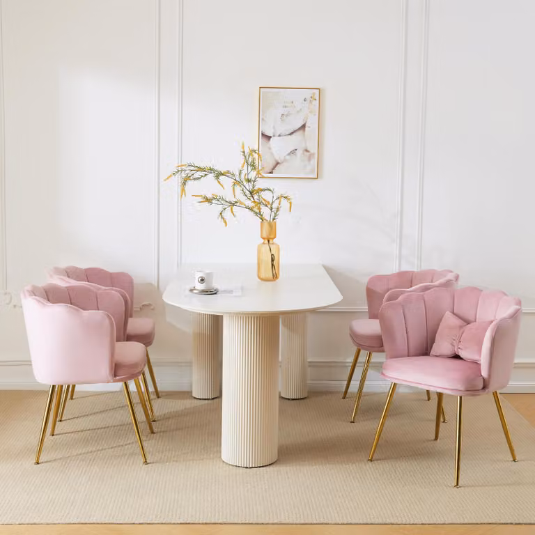 Sedia imbottita MERAX con cuscini decorativi a fiocco (4 pezzi), sedia da sala da pranzo sedia da soggiorno in velluto con schienale a petali e gambe in metallo dorato