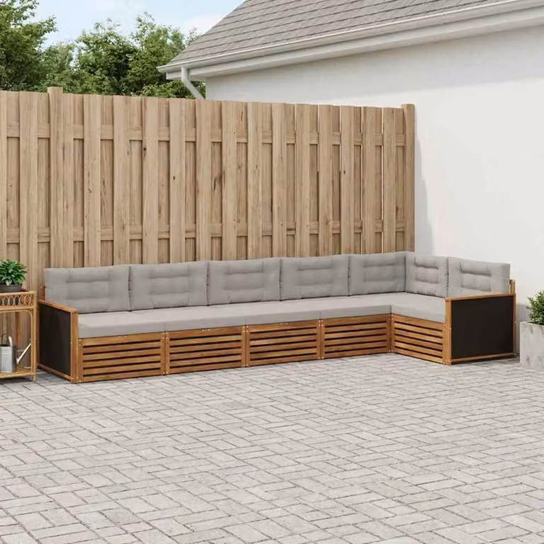 Set di divani da esterno vidaXL 6 pz a forma di L in legno di acacia con cuscini beige e grigi