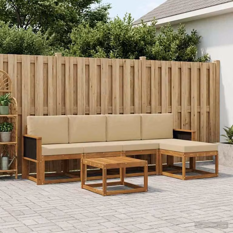 Set di divani da esterno vidaXL a forma di L composto da 6 pezzi in legno di acacia con tavolino e pouf, colore beige e marrone