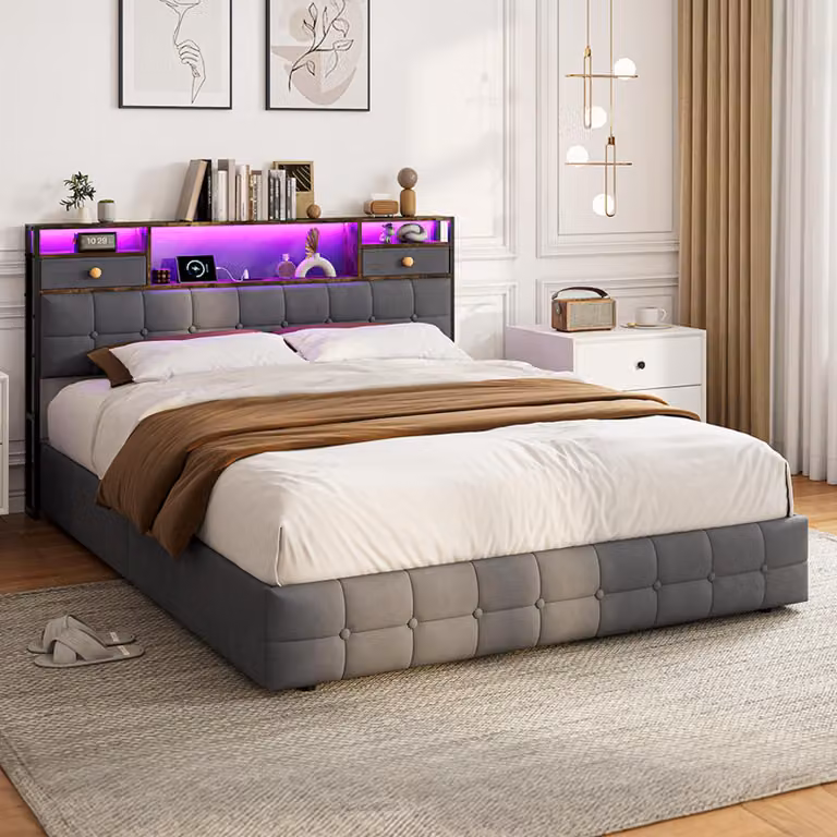 Letto imbottito ProximaX, 160x200 cm, grigio, in velluto, con spazio contenitore, illuminazione LED RGB e porta USB-C