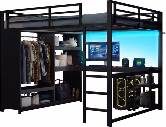 Letto a soppalco da gaming 160x200 struttura in metallo nero con scrivania e armadio a vista