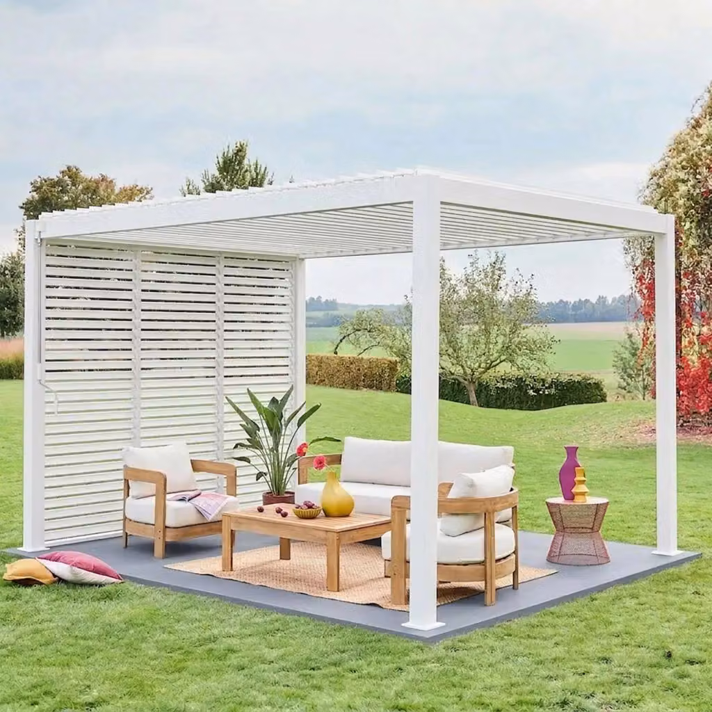 Pergola bioclimatica Sweeek in alluminio con 3 tende da 1m, bianco, L: 4 x P: 3 m – 2