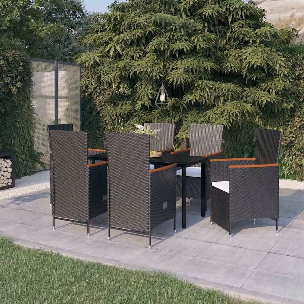 Set da pranzo da giardino vidaXL in polyrattan nero con tavolo in vetro e acacia e 7 pezzi con cuscini