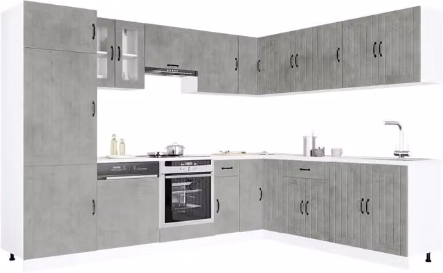 Set di mobili da cucina moderno vidaXL composto da 14 pezzi in colore grigio con finitura opaca e dettagli in legno e vetro