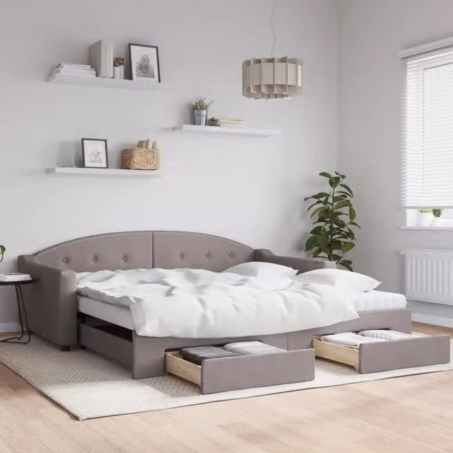Divano Letto Estraibile con Cassetti vidaXL in Tessuto Beige e Grigio per Soggiorno e Camera da Letto L/P/H: 223 x 110 x 75 cm, Piano Letto: 100 x 200 cm