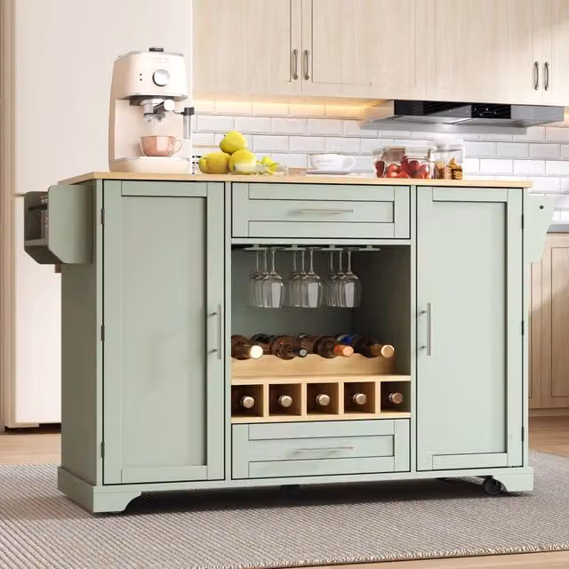Carrello da cucina con piano ribaltabile, 2 ante, 2 cassetti, portabottiglie, ruote, verde antico, 138 × 45/70 × 92 cm