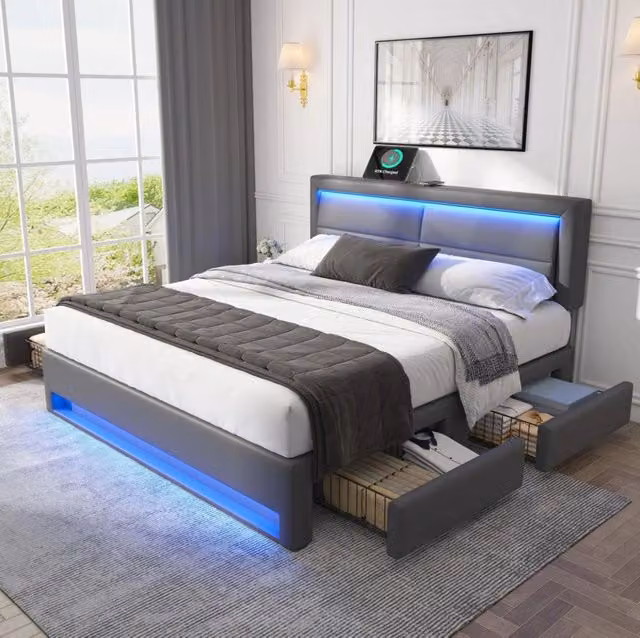 Letto 140x200 cm grigio – con LED, USB e 4 cassetti, senza materasso