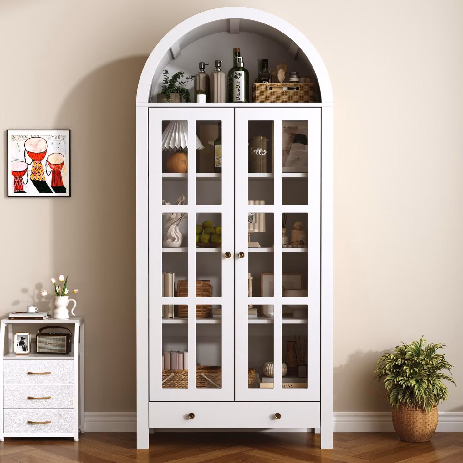 Mobiletto alto curvo con ripiani multipli e cassetto, mobili alti con ripiani regolabili in altezza, credenza, colore bianco