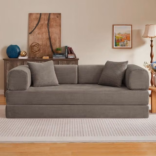 Divano letto ¨C Minimal ¨C Tessuto grigio, struttura in acciaio, con 2 cuscini
