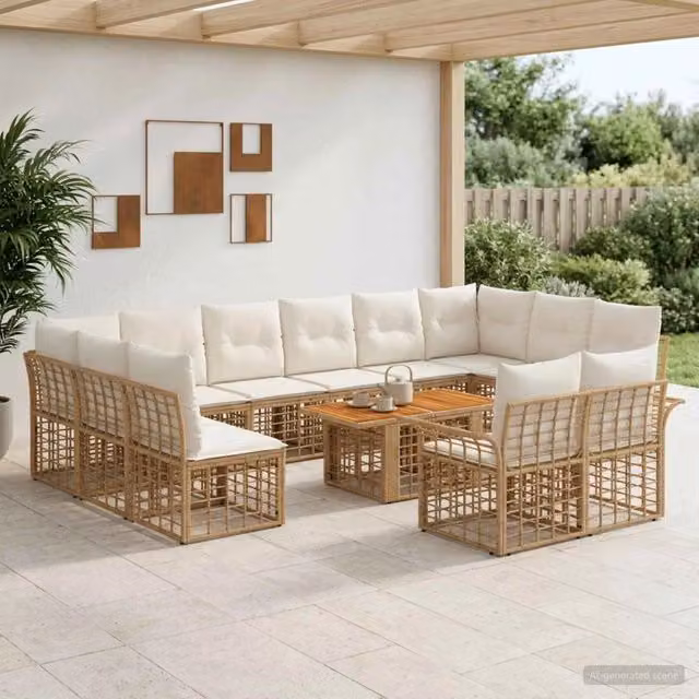Set Divano da Giardino vidaXL in Polyrattan 13 Pezzi con Tavolino e Cuscini, Colore Naturale e Bianco Crema – 1
