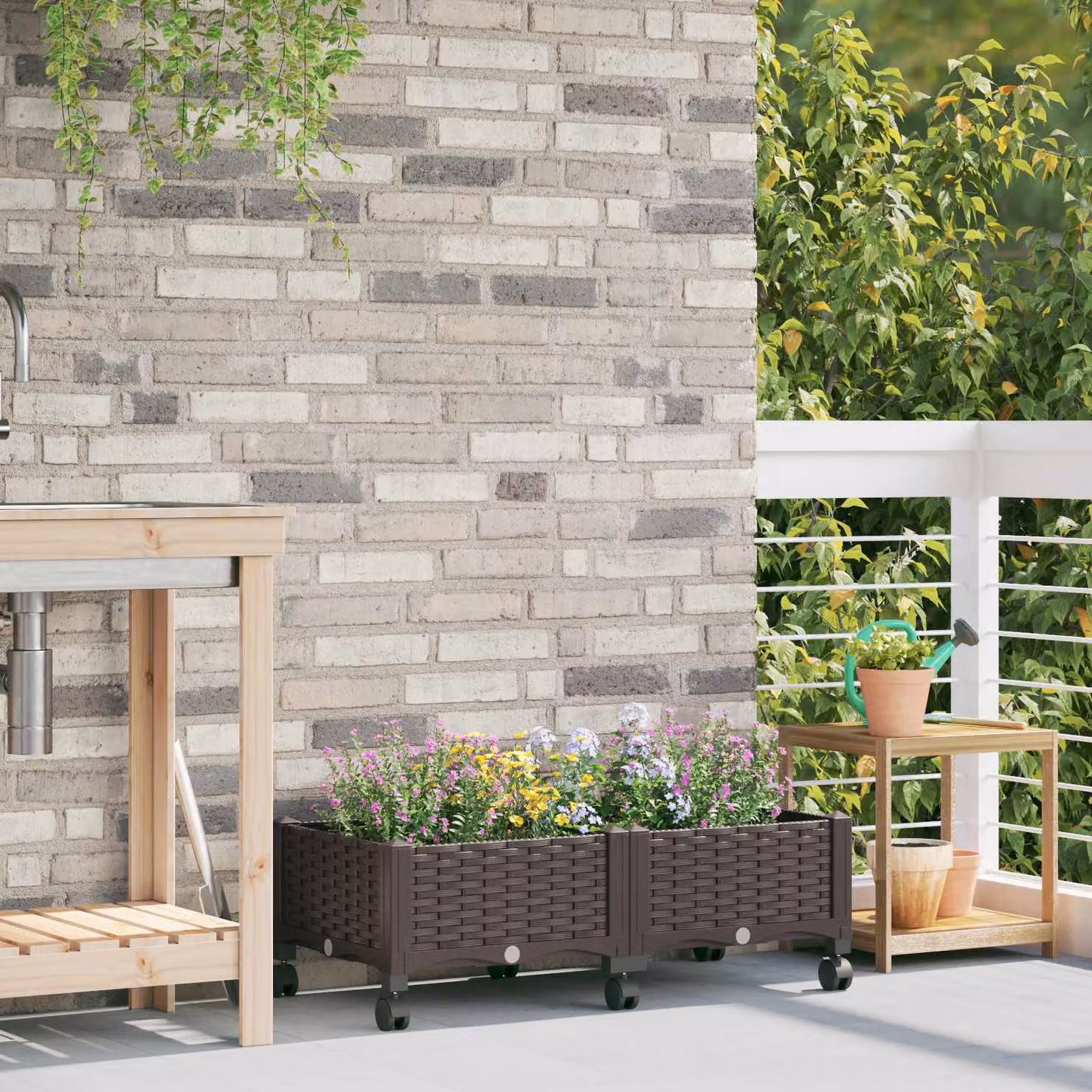 Vaso da giardino con ruote vidaXL in plastica marrone L: 80 cm, P: 40 cm, H: 29 cm
