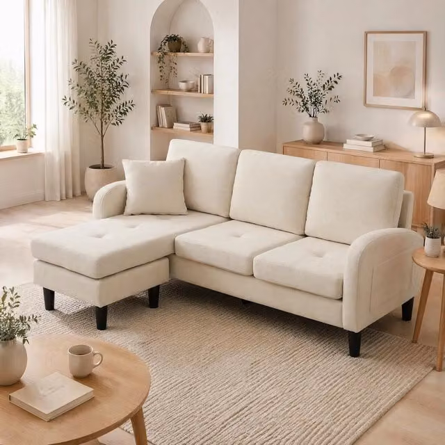 Divano angolare modulare 3 posti con chaise longue reversibile compatto in tessuto beige chiaro 166 × 118 × 77 cm