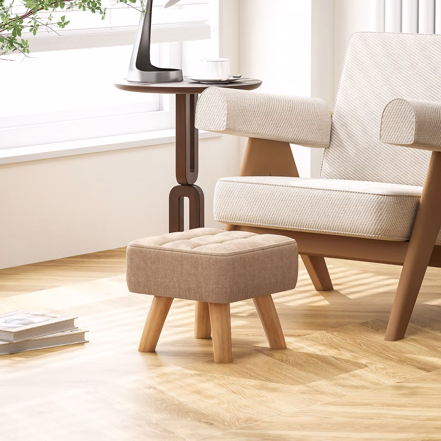 Pouf poggiapiedi HOMCOM in tessuto effetto lino marrone L: 27 cm, P: 27 cm, H: 26 cm – 2