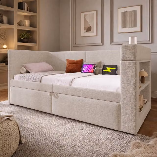 Divano letto estraibile 90x200 cm in cotone e lino beige con USB; Type-C e portabicchieri