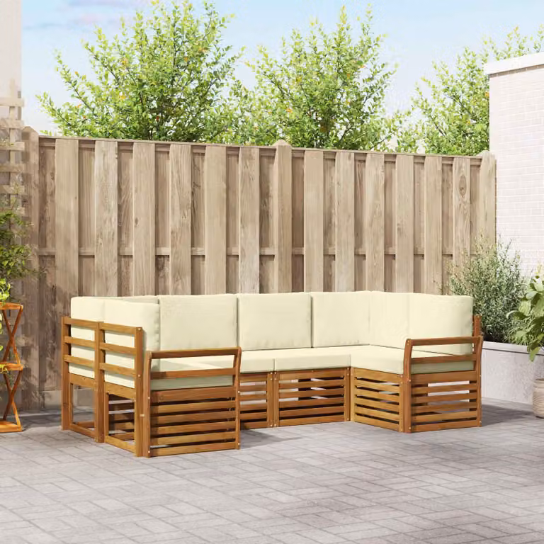 Set di divani da esterno vidaXL a forma di L in legno di acacia con cuscini, beige e bianco