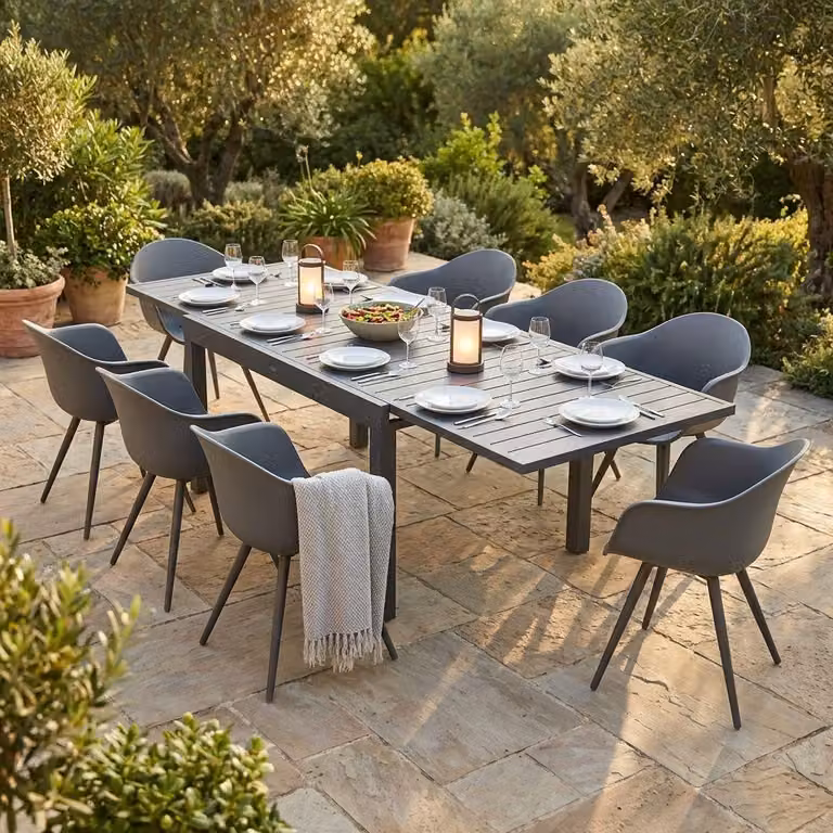Milani Home - Set tavolo in alluminio cm 135/270 x 90 x 75 h con 10 poltrone da giardino per esterno colore taupe - Taupe